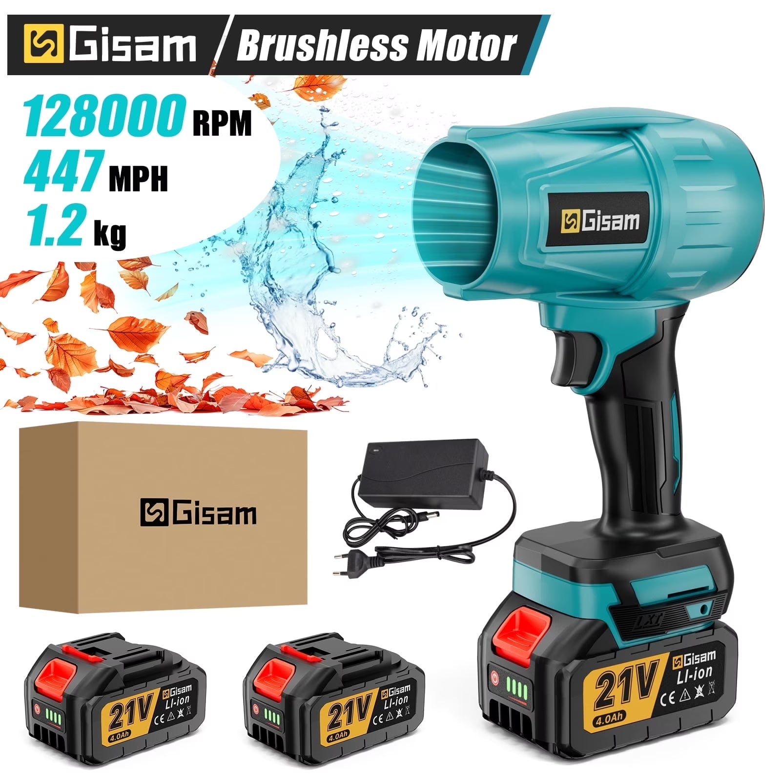 Electric Cordless Leaf Blower,128000Rpm 447MPH Handheld Leaf Blower with 2 X 4.0Ah Batteries for Patio Cleaning, Lawn Care, Blowing Leaves and Dust